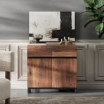 A brown wood modern sideboard featuring an adjustable interior shelf and an industrial black metal base - Modera Furnish.