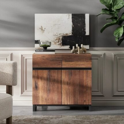 A brown wood modern sideboard featuring an adjustable interior shelf and an industrial black metal base - Modera Furnish.