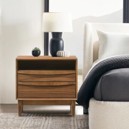 A brown solid wood bedside table featuring two drawers with integrated pulls and an open top storage shelf - Modera Furnish.