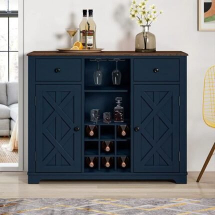 A navy blue solid wood wine cabinet with a natural walnut top and central storage for nine bottles - Modera Furnish.