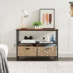 Solid wood console table with metal frame and open shelving for modern living room organisation – Modera Furnish
