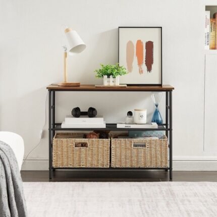 Solid wood console table with metal frame and open shelving for modern living room organisation – Modera Furnish