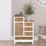 Vintage solid wood cabinet with hand-carved door, five drawers, and distressed white and natural finish – Modera Furnish