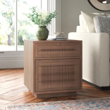 Modern medium brown solid wood end table with natural cane woven drawer and cabinet fronts - Modera Furnish