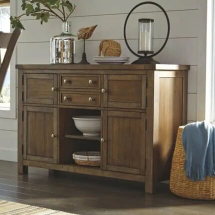A 56-inch wood sideboard with a distressed grey finish featuring two central drawers and six storage cupboard doors - Modera Furnish.