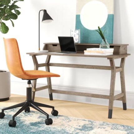 Solid wood desk with raised shelf in brown finish for contemporary home workspaces - Modera Furnish