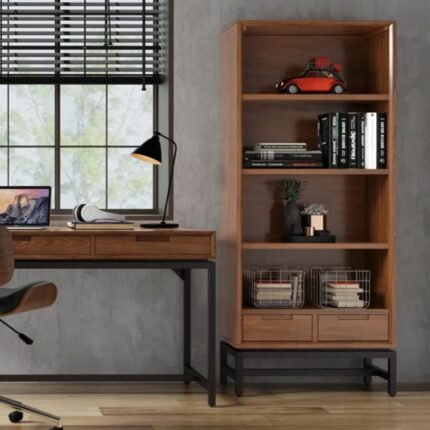 Industrial solid wood bookshelf with walnut finish and black metal base for modern interiors - Modera Furnish