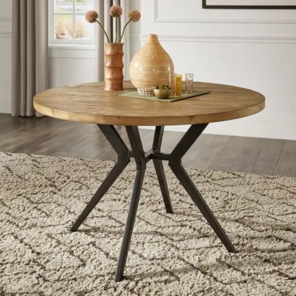 Light pine solid wood round dining table with refined industrial-modern design – Modera Furnish