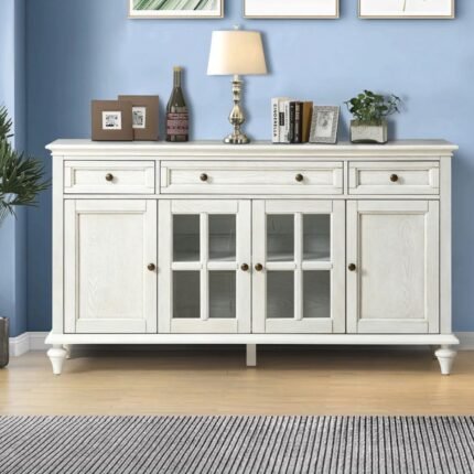 A white 58-inch solid wood sideboard featuring three top drawers and four lower doors with tempered glass-front central cabinets - Modera Furnish.