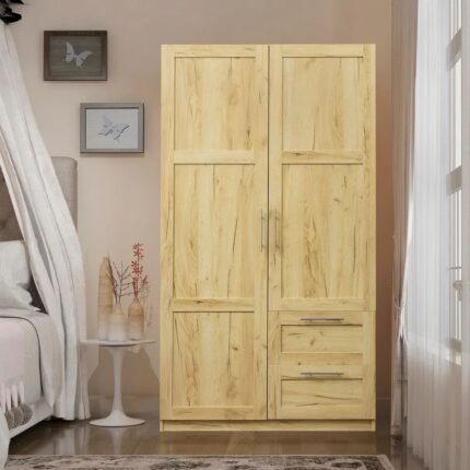 Solid wood high wardrobe with two drawers and oak finish for organized bedroom storage - Modera Furnish