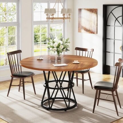 Round solid wood dining table with metal base in modern contemporary style for kitchens and dining rooms - Modera Furnish