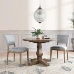 Solid wood round farmhouse dining table with pedestal base and weathered brown finish – Modera Furnish