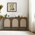 A brown 3 door solid wood sideboard cabinet featuring arched cane door panels and a push-to-open design - Modera Furnish.