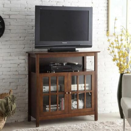 Solid wood TV stand with glass-front storage cabinets in a brown finish for classic living room interiors – Modera Furnish
