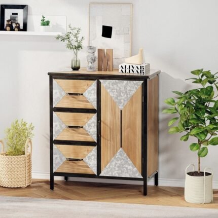 Modern natural wood accent cabinet with three drawers, one door, and geometric patterned panels – Modera Furnish