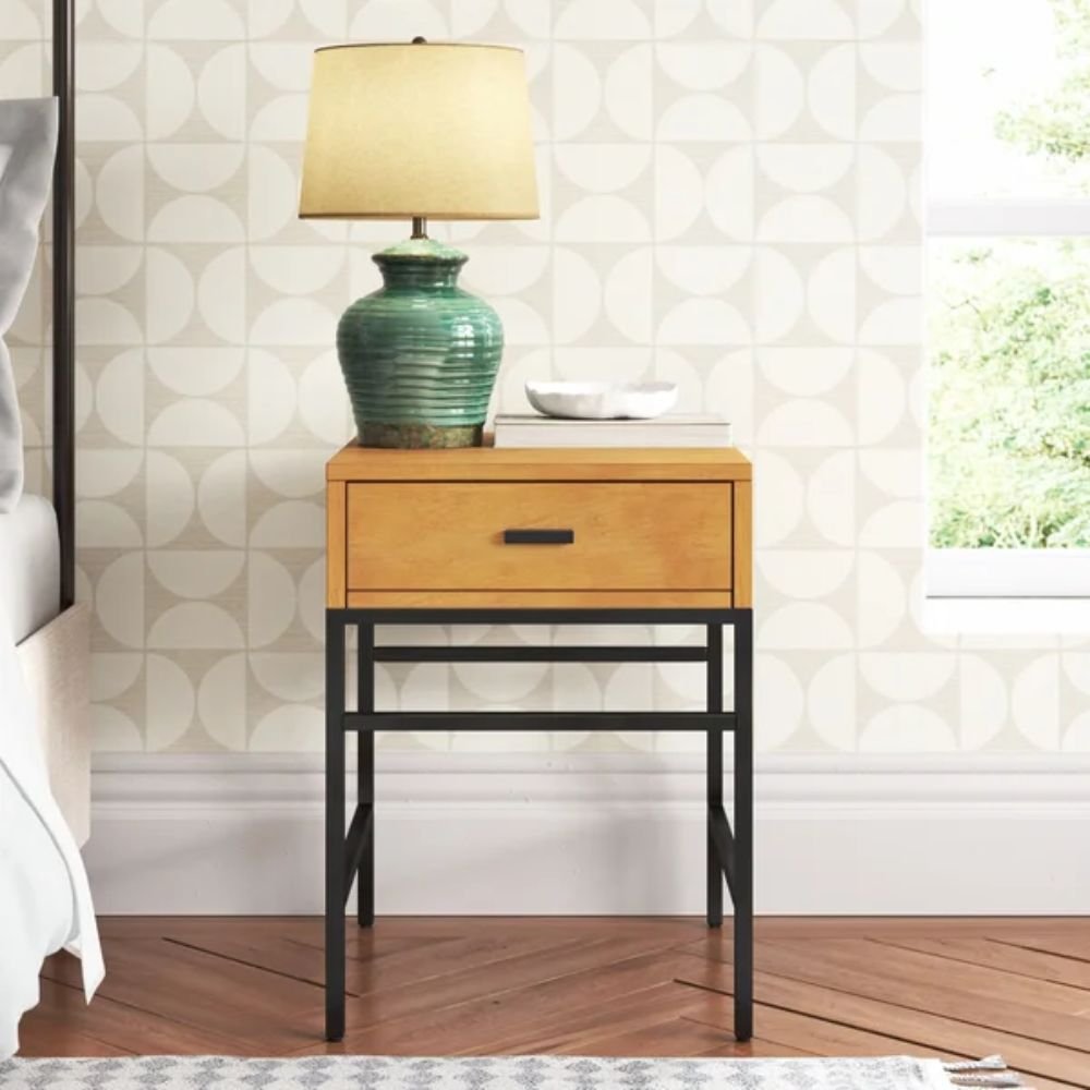 33 Industrial modern end table with a matte black metal frame and a single-drawer solid wood cabinet in a natural oak finish - Modera Furnish
