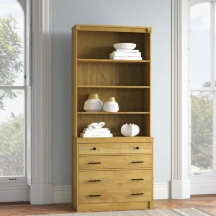 Solid wood bookshelf with four open shelves and three drawers in a natural finish for organized living spaces - Modera Furnish