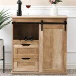 Stunning natural oak wine and storage cabinet with sliding barn door, drawers, and open shelving by Modera Furnish.