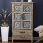 Farmhouse solid wood and metal 2-door wardrobe with drawers in weathered finish for bedroom and study storage - Modera Furnish