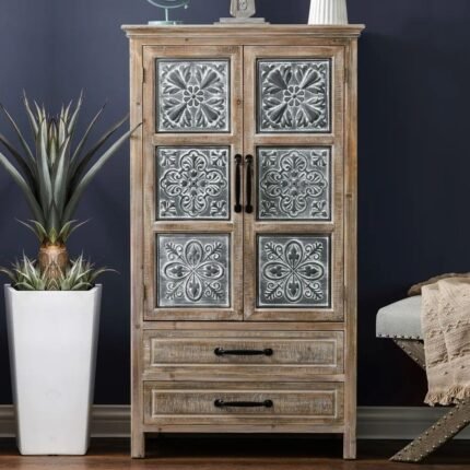 Farmhouse solid wood and metal 2-door wardrobe with drawers in weathered finish for bedroom and study storage - Modera Furnish