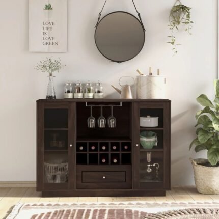 A dark brown solid wood wine rack cabinet with glass doors and a central bottle storage grid - Modera Furnish.