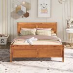 Solid wood upholstered queen size platform bed in oak finish - Modera Furnish