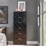 High-gloss black solid wood chest with six drawers, metallic handles, and 3D embossed circular detailing – Modera Furnish