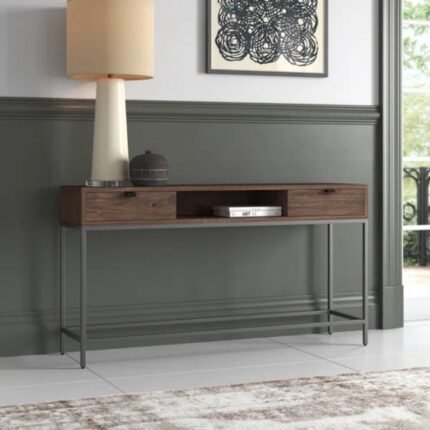 A modern industrial console table with an auburn poplar wood top and two drawers on a thin gray metal frame - Modera Furnish