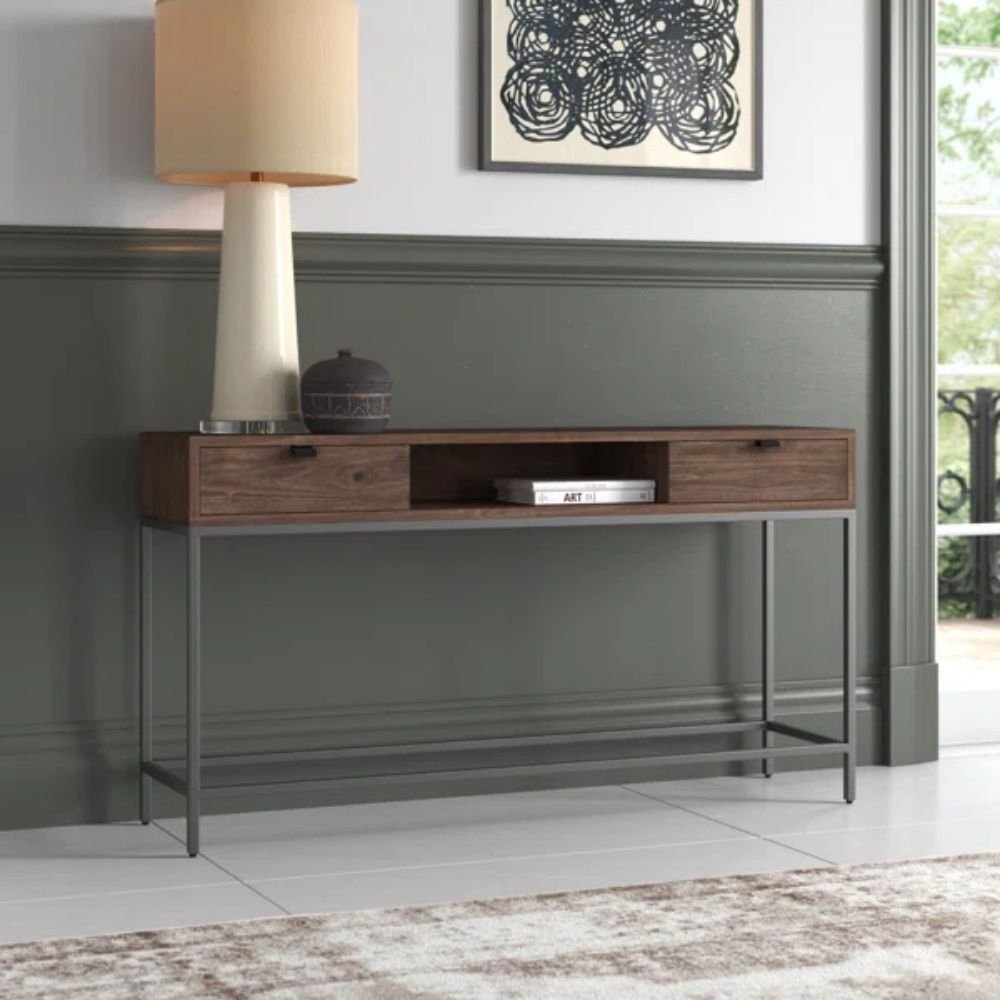 36 A modern industrial console table with an auburn poplar wood top and two drawers on a thin gray metal frame - Modera Furnish