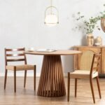 Solid wood round dining table with slatted pedestal base in natural finish contemporary style - Modera Furnish
