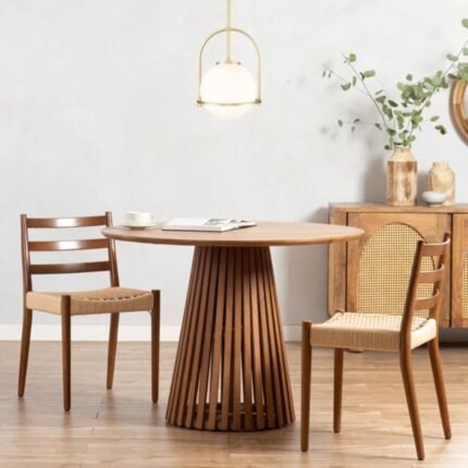 Solid wood round dining table with slatted pedestal base in natural finish contemporary style - Modera Furnish