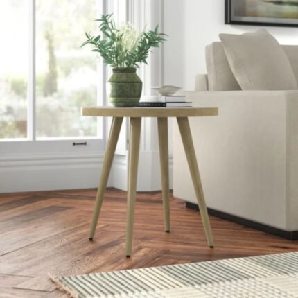 A mid-century modern end table featuring a white marble round top on a tapered tripod solid wood base - Modera Furnish