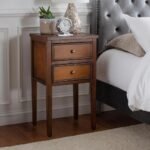 Classic deep brown 2-drawer wood bedside table with tall tapered legs and brass hardware - Modera Furnish