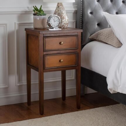 Classic deep brown 2-drawer wood bedside table with tall tapered legs and brass hardware - Modera Furnish