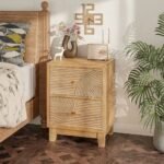 A natural solid wood bedside table featuring two drawers with a unique handcrafted arched fluted design and gold knobs - Modera Furnish.