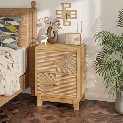 A natural solid wood bedside table featuring two drawers with a unique handcrafted arched fluted design and gold knobs - Modera Furnish.