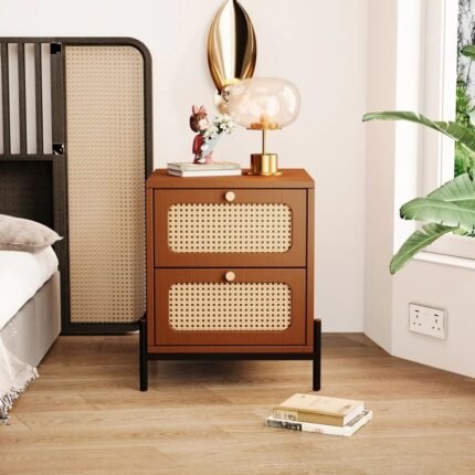 Modern walnut bedside table with cane drawer fronts and two storage drawers for elegant bedroom organisation – Modera Furnish