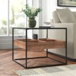 Modern industrial end table with a black metal frame, tempered glass top, and a floating four-compartment solid wood storage tray - Modera Furnish