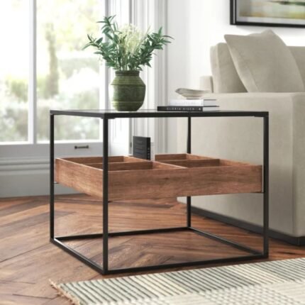 Modern industrial end table with a black metal frame, tempered glass top, and a floating four-compartment solid wood storage tray - Modera Furnish