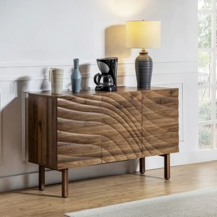 A brown solid wood sideboard cabinet featuring three doors with a unique sculptural wave texture - Modera Furnish.