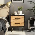 Rustic urban 100% solid wood 2-drawer bedside table with black distressed finish and tapered legs - Modera Furnish