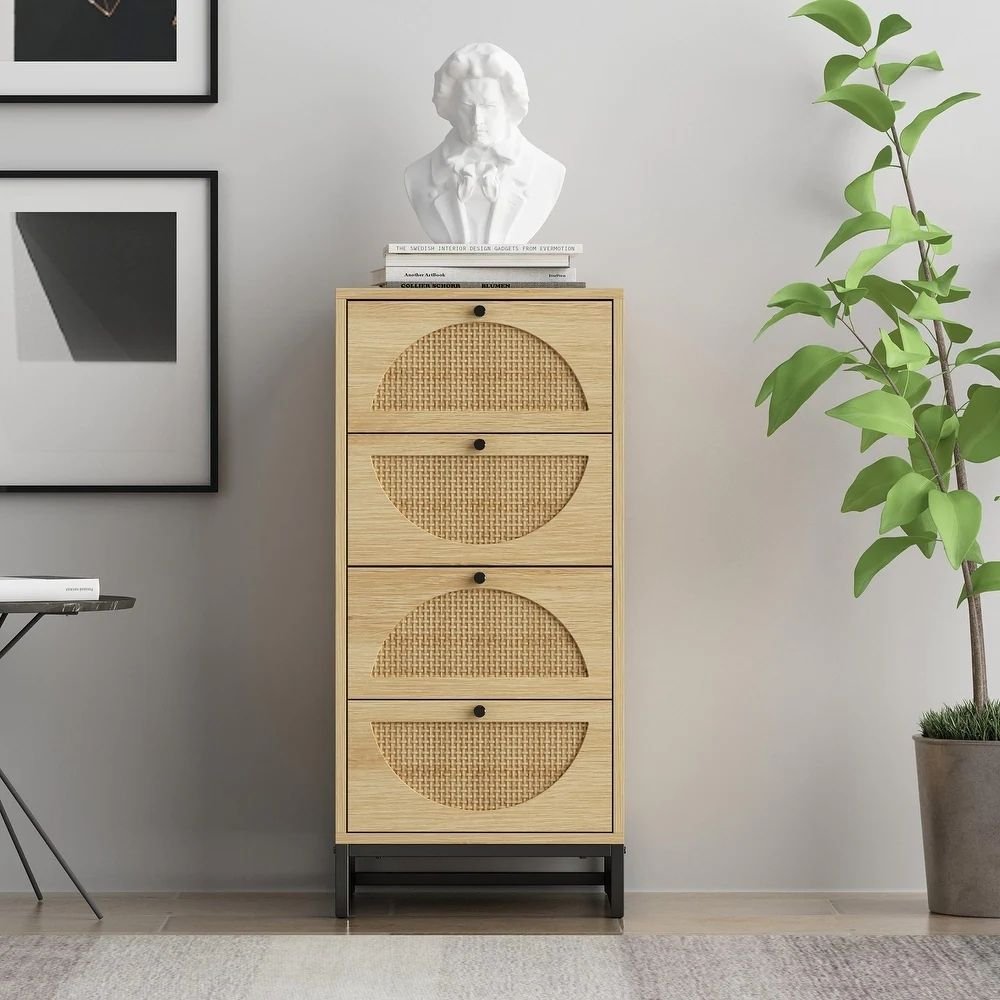 43 Jodhpuri solid wood chest of four drawers with woven cane panels and natural finish for bedroom and study storage - Modera Furnish