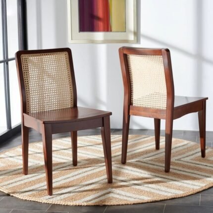 Modern solid wood cane dining chair set of two in dark brown and natural finish for contemporary dining spaces - Modera Furnish