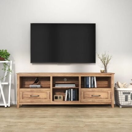 Solid wood mid-century TV stand with drawers and open storage in rustic brown finish – Modera Furnish
