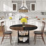 Round solid wood dining table with metal legs and built-in storage shelves in modern contemporary style – Modera Furnish