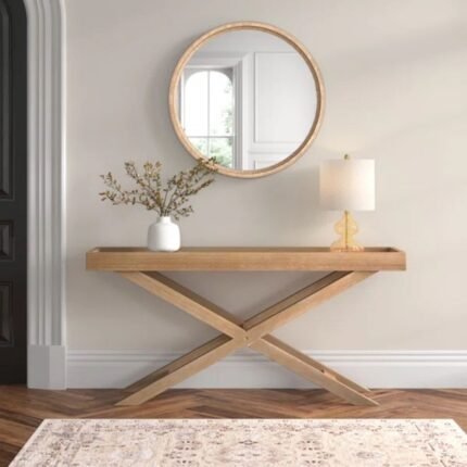 Solid wood console table with sculptural cross base and rectangular top in a contemporary design - Modera Furnish