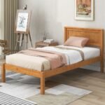 Solid wood queen size bed with natural finish and clean headboard design - Modera Furnish