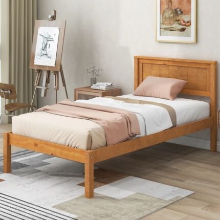 Solid wood queen size bed with natural finish and clean headboard design - Modera Furnish