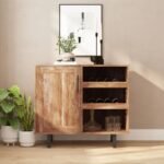 Light brown solid wood bar cabinet with glass racks, open shelves, and classic closed storage by Modera Furnish.