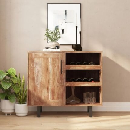 Light brown solid wood bar cabinet with glass racks, open shelves, and classic closed storage by Modera Furnish.